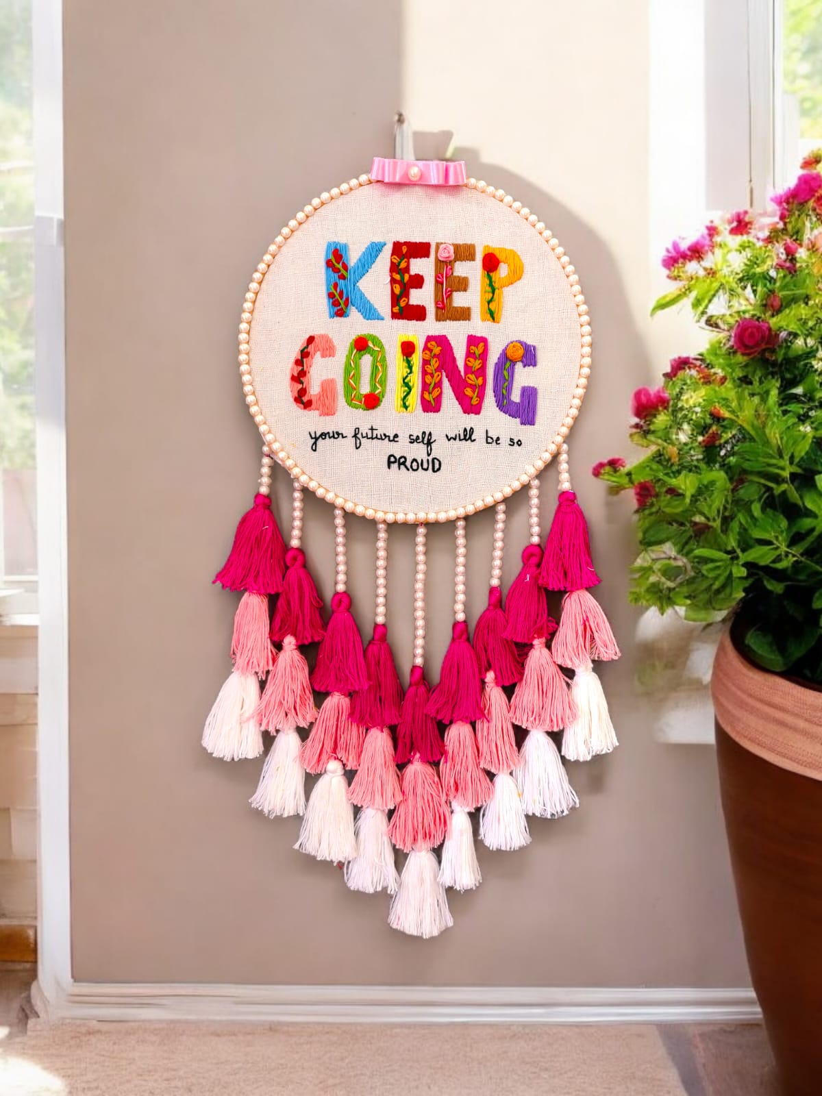 "Keep Going" Embroidered hanging dreamcatcher