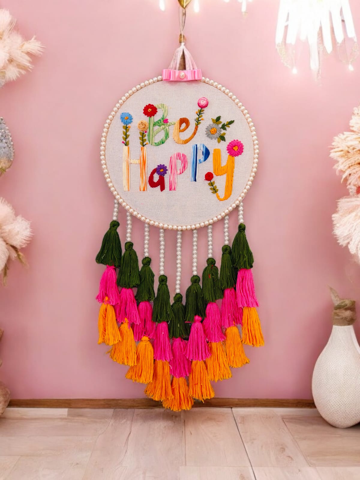 "Be Happy" Embroidered Hanging Dreamcatcher