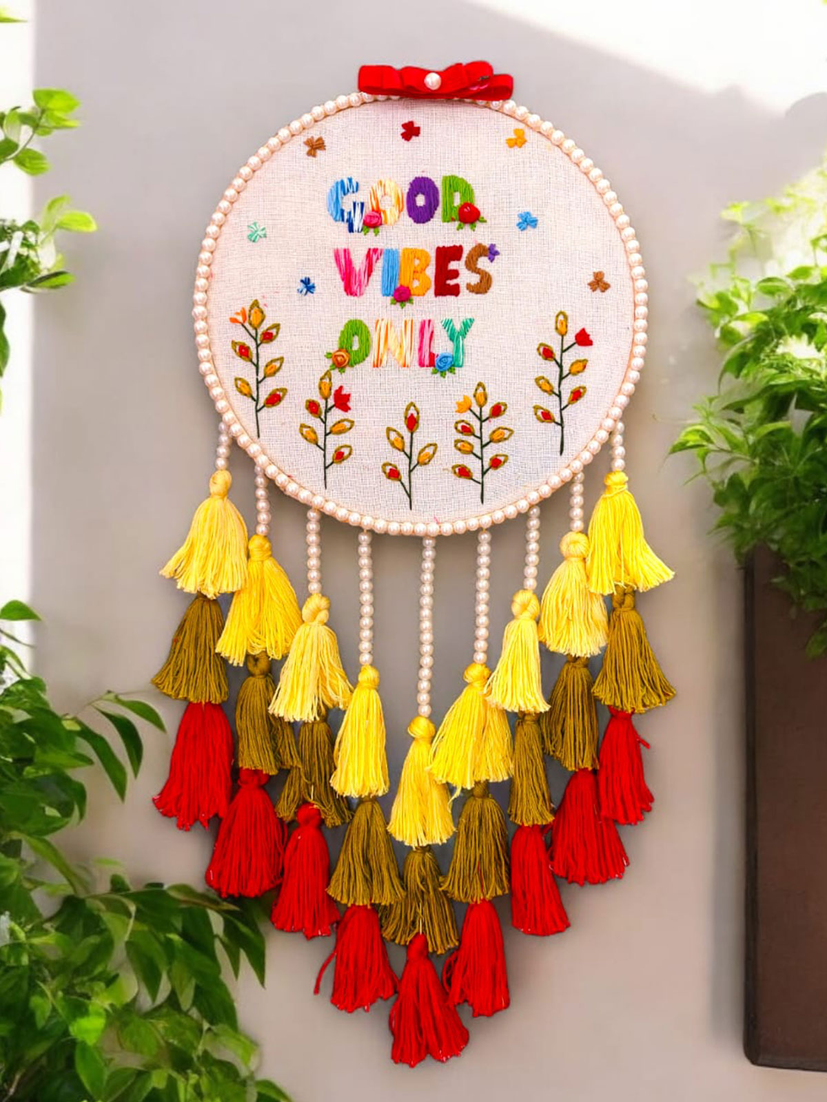 "Good vibes only" Embroidered Hanging Dreamcatcher