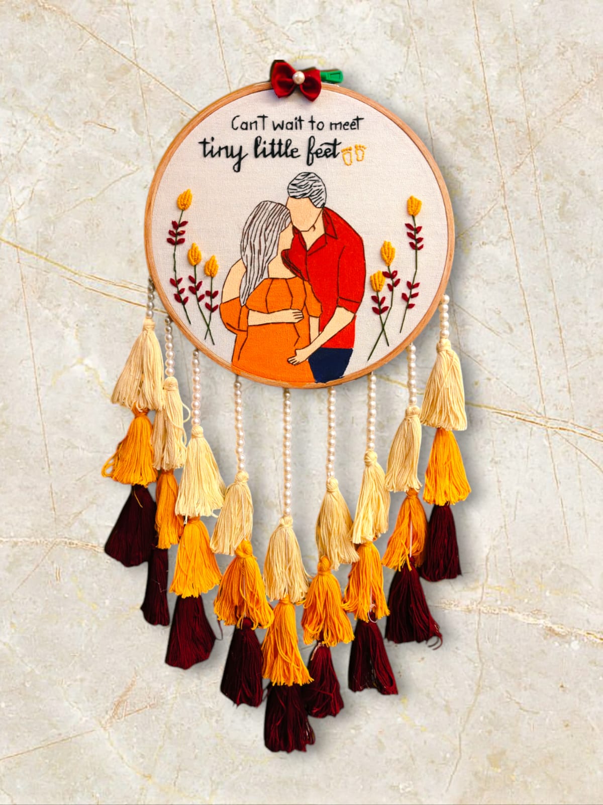 "Can't wait to meet Tiny Little Feet" Embroidered Hoop with Tassels